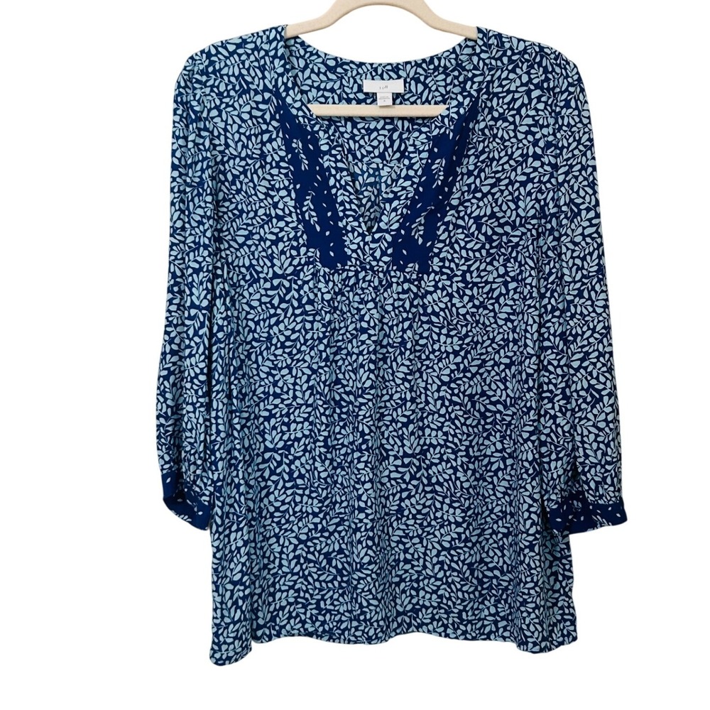 J.Jill Blue Leaf Print Rayon Popover Blouse Top Womens Size M Office Casual
